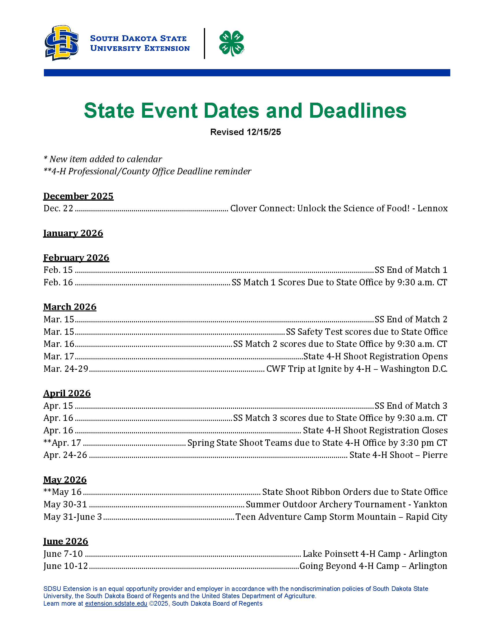 State 4-H Dates
